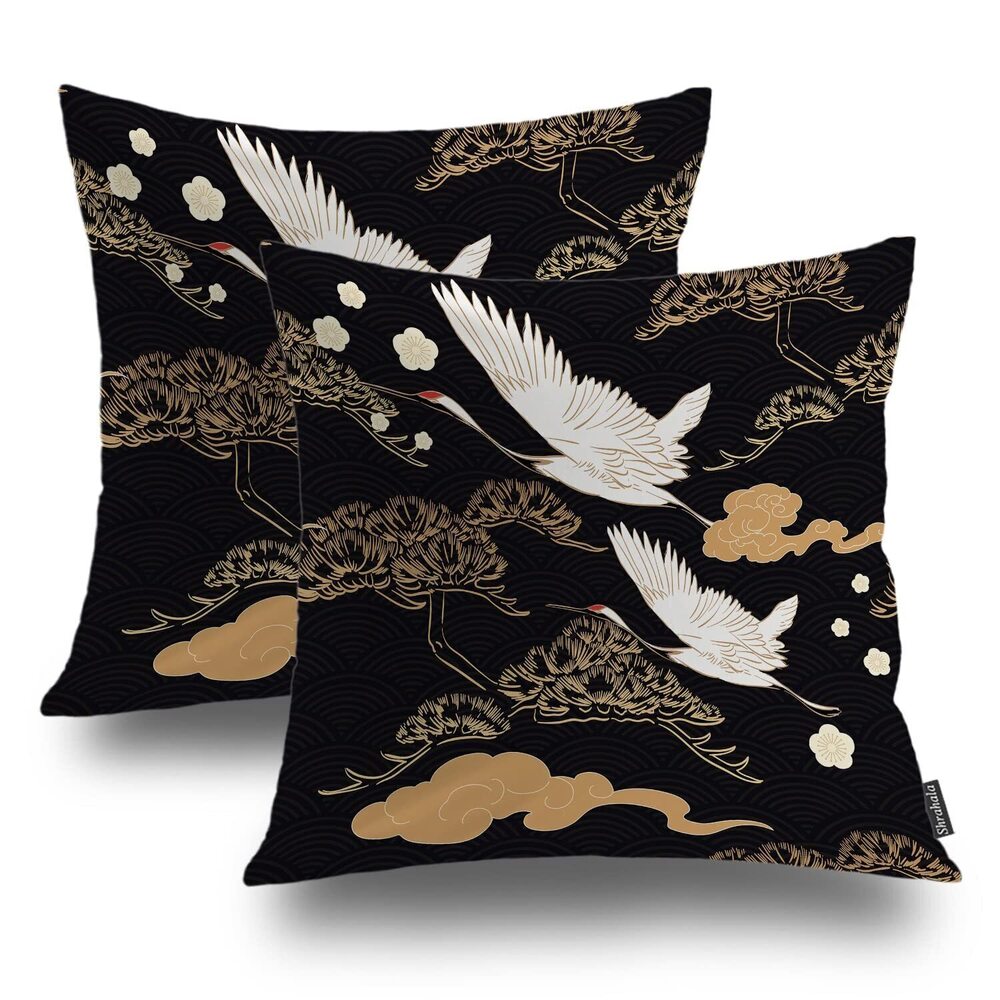 9534 Japanese Birds Decorative Pillow Covers, Black Asian Oriental Bonsai